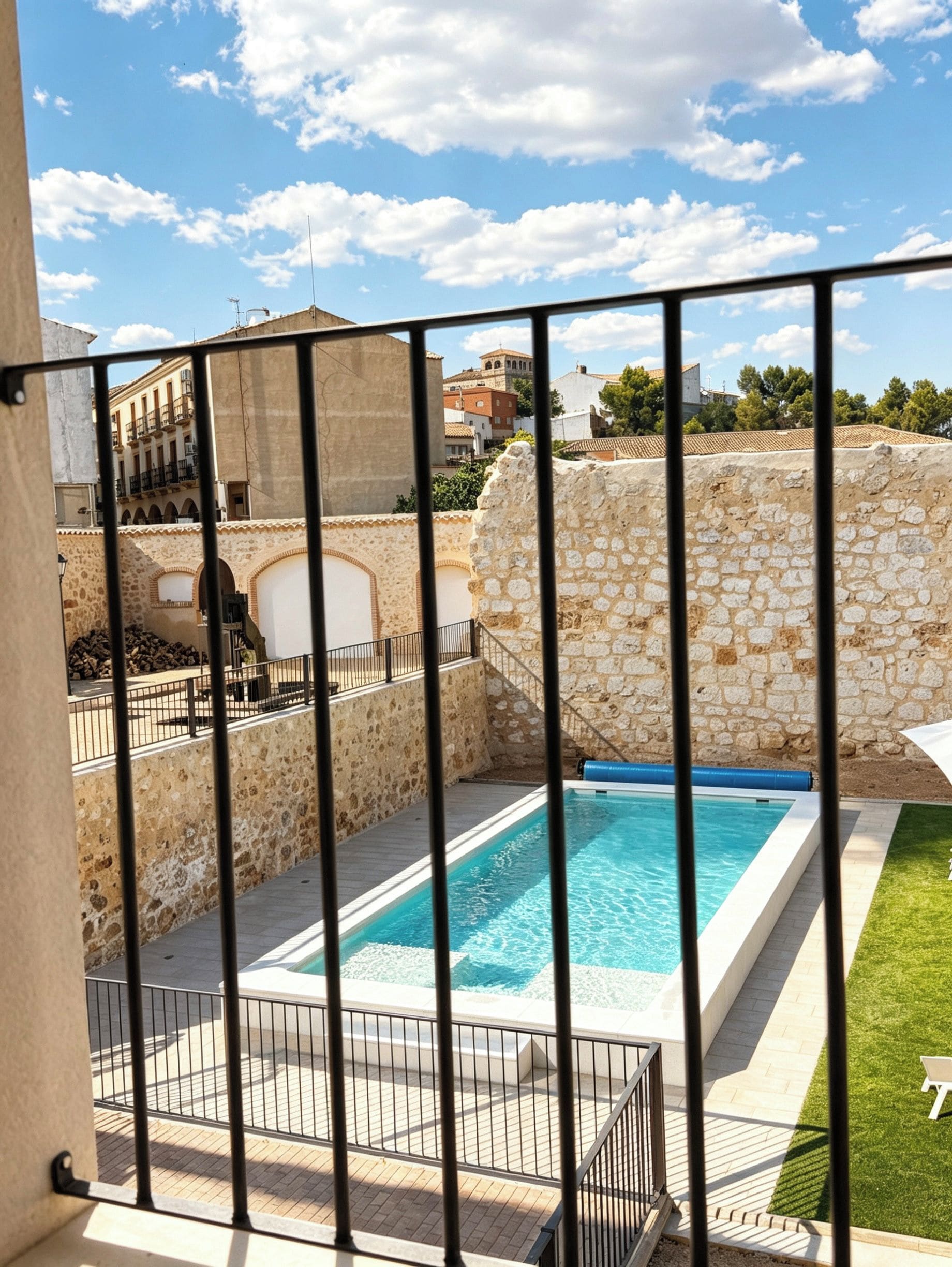 A swimming pool with stone walls and a view of buildings in the background.