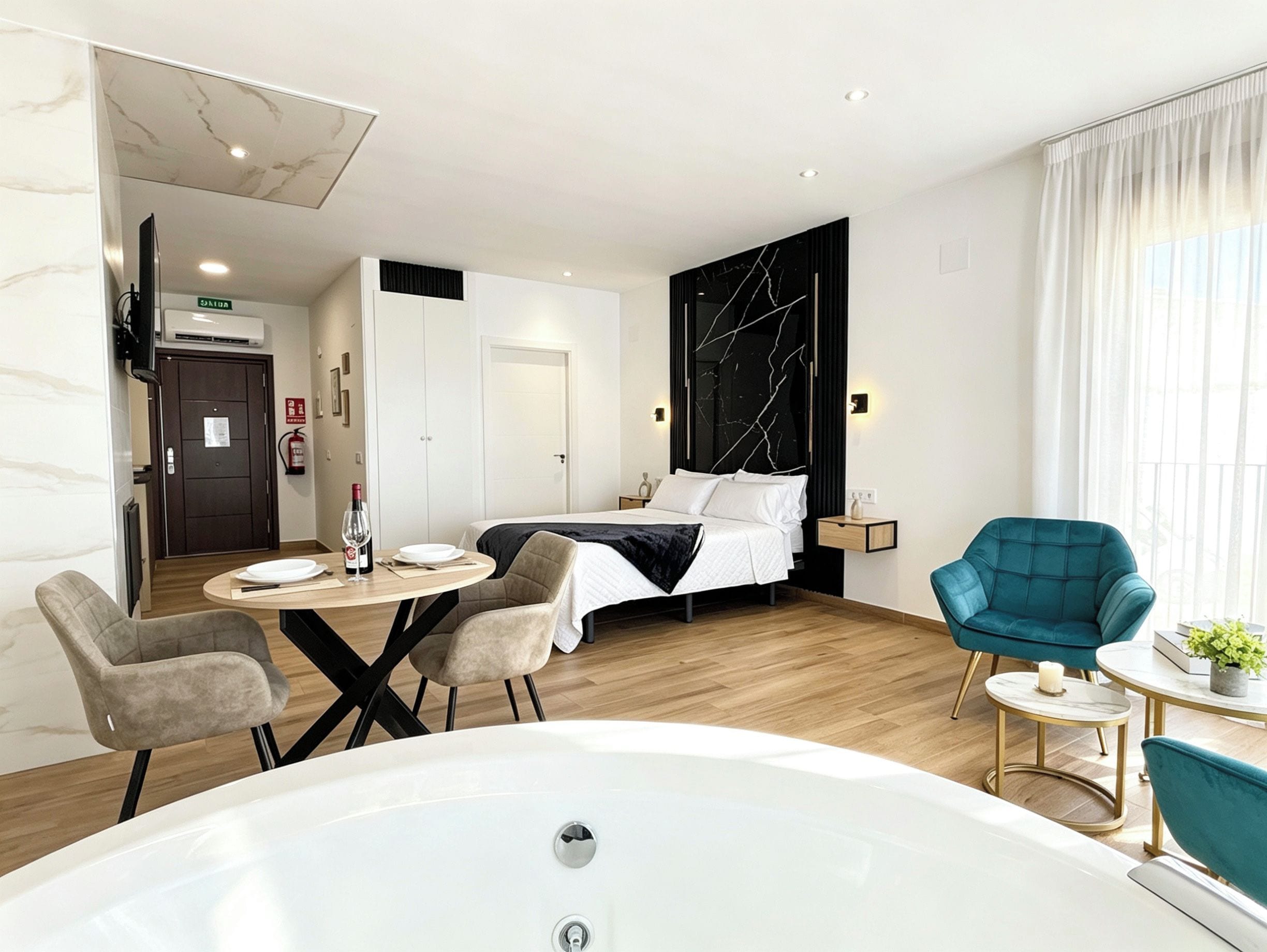 Ein Hotelzimmer mit Bett, einer Sitzecke mit Sesseln, einem runden Tisch, einer Badewanne und einem großen Fenster mit Vorhängen.