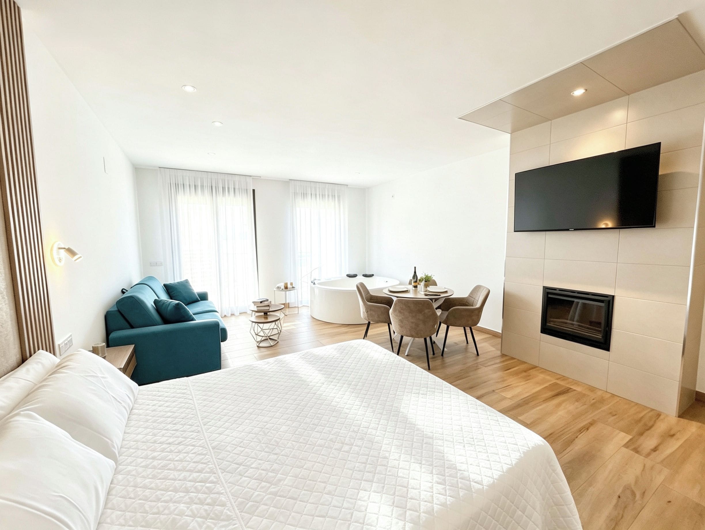 Una habitación de hotel moderna con una cama grande, un sofá, una mesa de comedor con sillas, un televisor de pantalla plana montado en la pared y una chimenea.