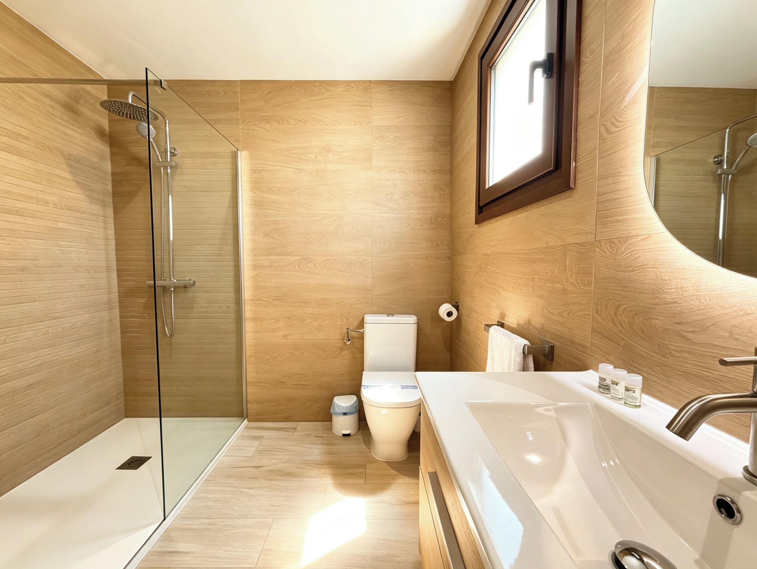 Un baño moderno con ducha envuelta en vidrio, inodoro blanco y un lavamanos grande con espejo.