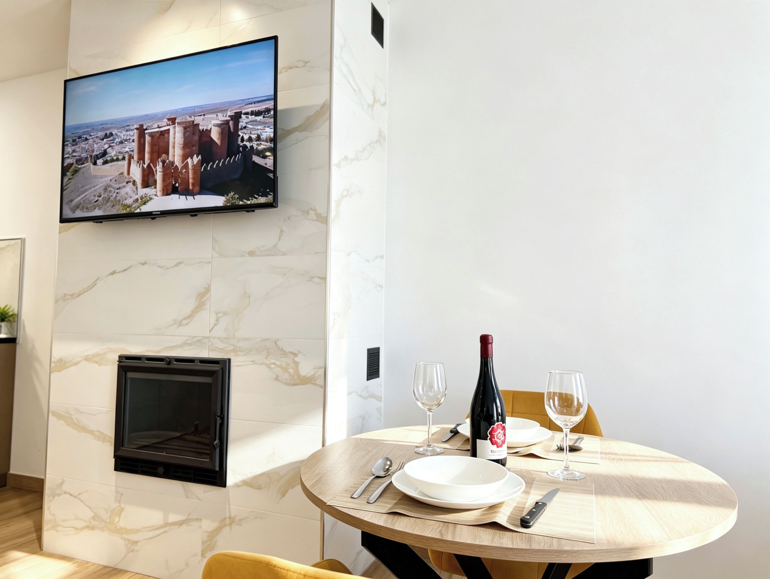 Un comedor con televisor montado en la pared, chimenea y una mesa preparada para dos personas, con copas de vino y una botella.