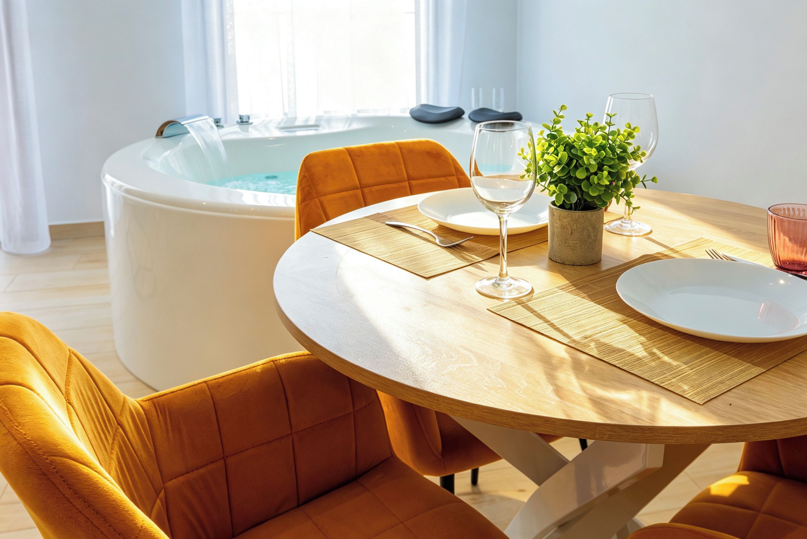 A dining area with a round table, chairs, a hot tub, and a potted plant.