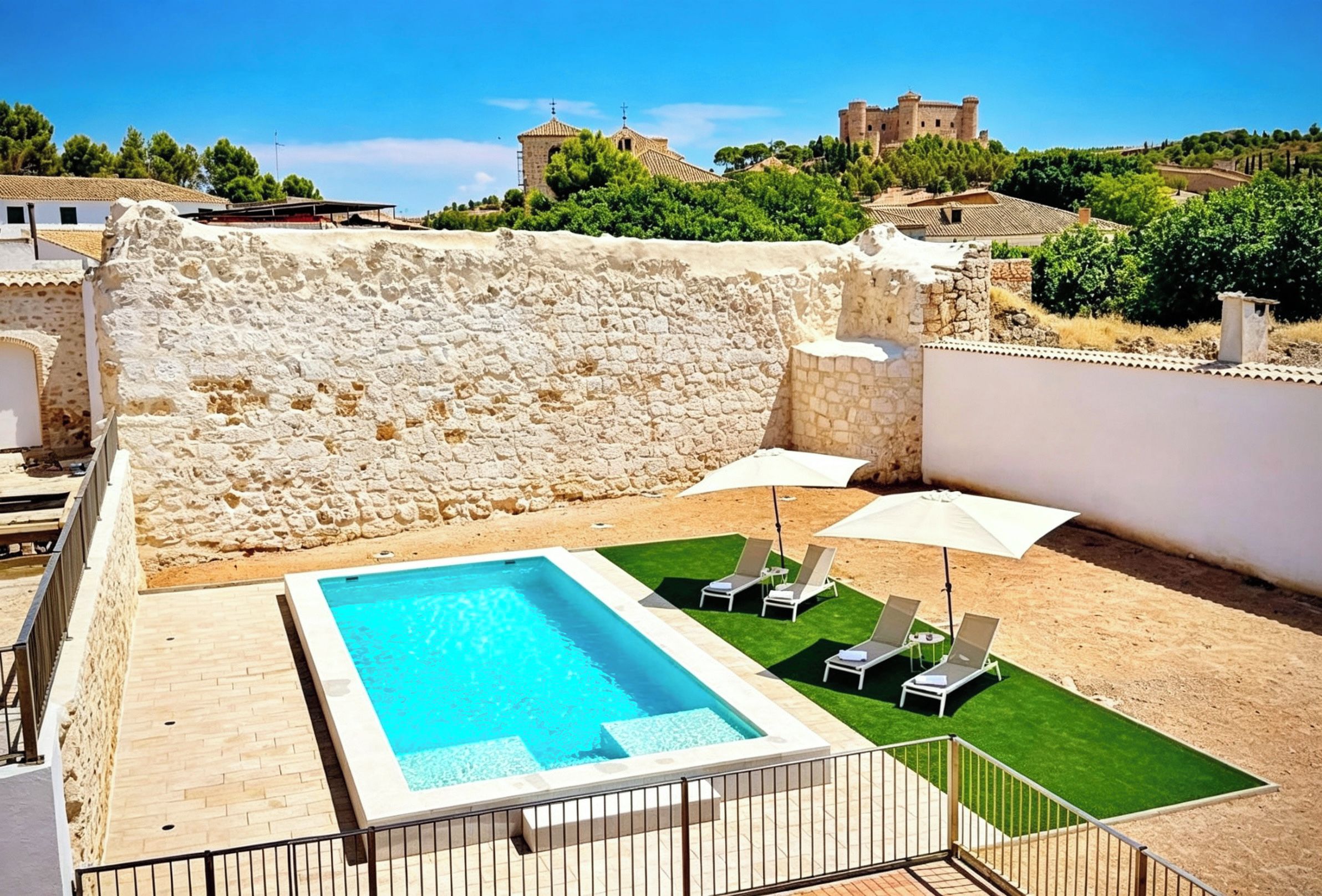 Une piscine avec un mur de pierres en arrière-plan, une pelouse et des chaises longues.