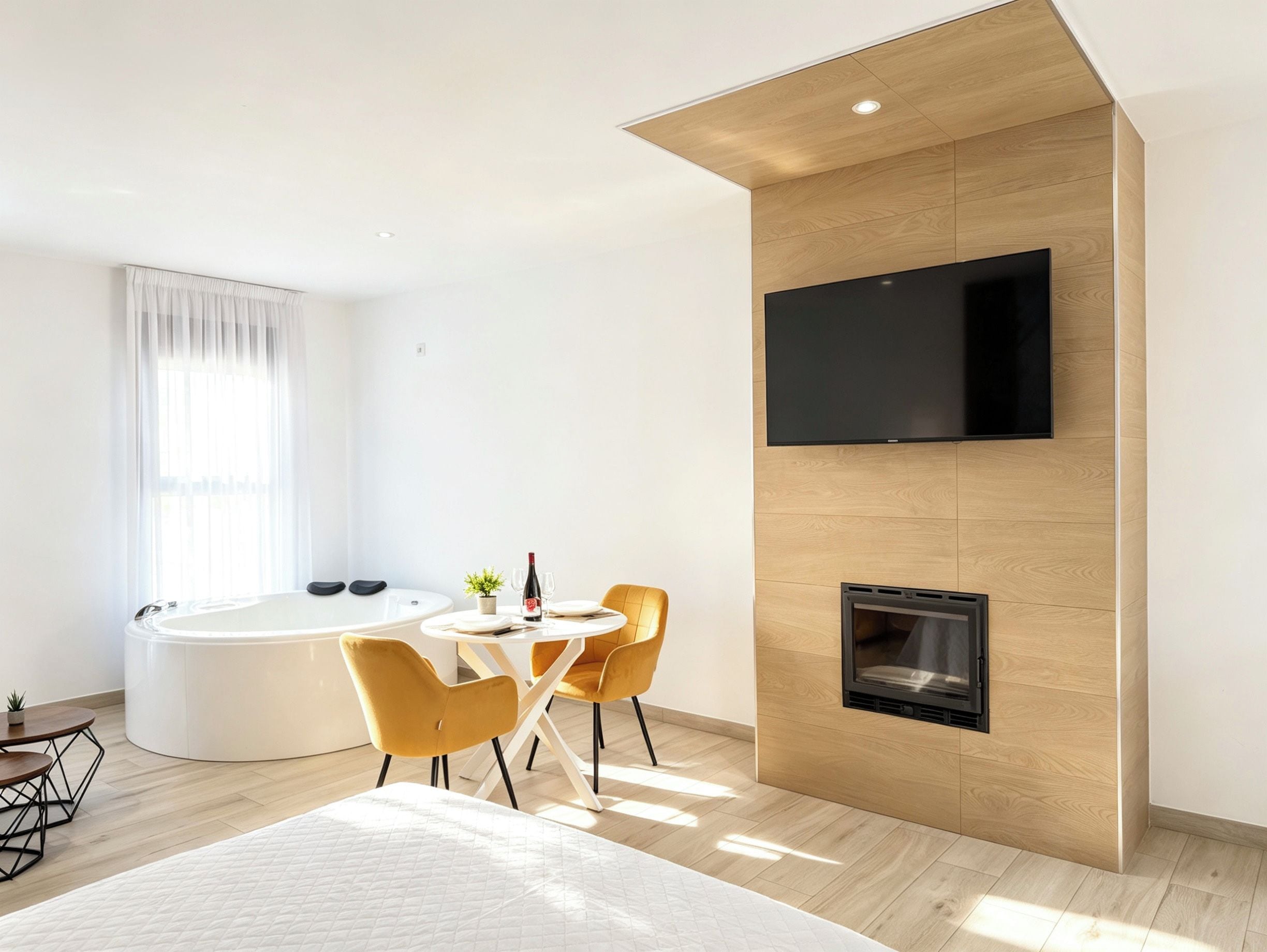Ein modernes Zimmer mit Kamin, einem an der Wand befestigten Fernseher, einem runden Esstisch mit Stühlen und einer Badewanne.