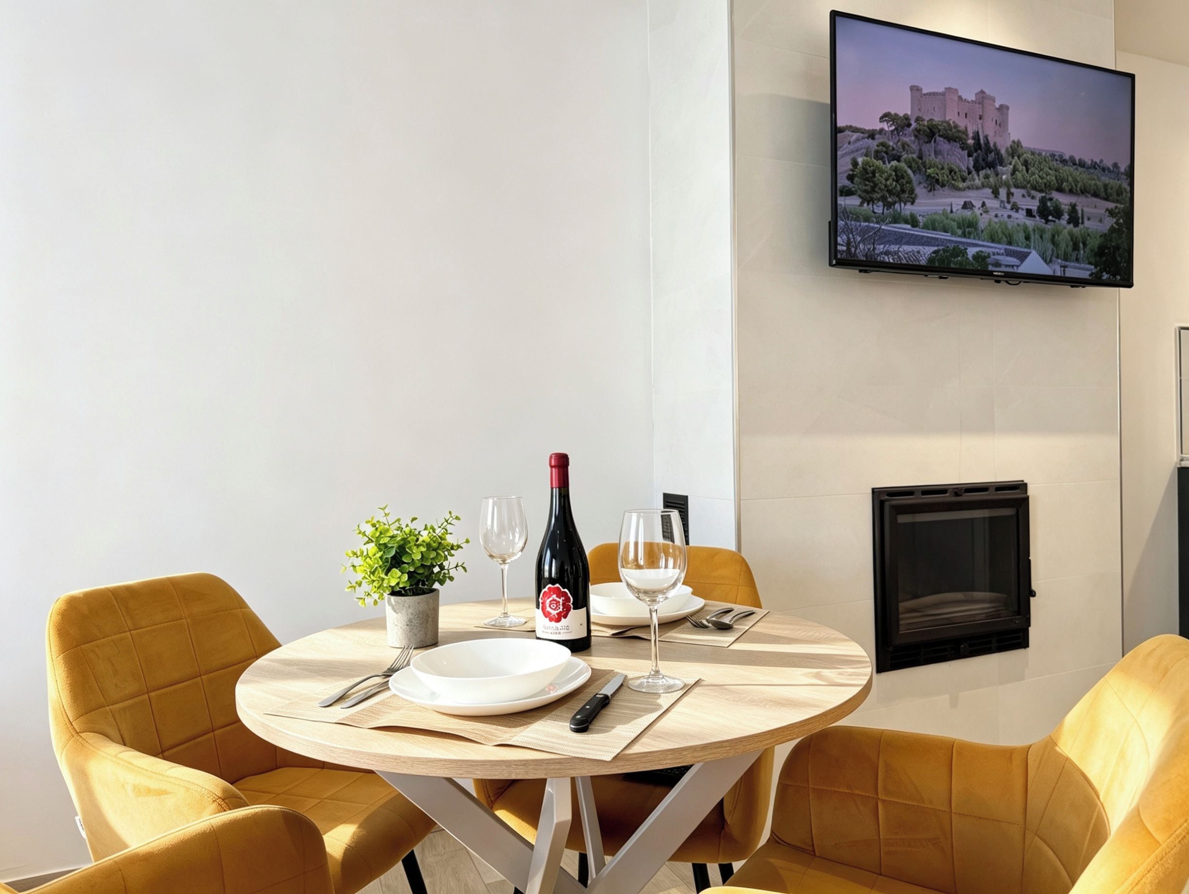Un comedor con una mesa redonda, sillas amarillas, una botella de vino, copas de vino, una pequeña planta en maceta y un televisor de pantalla plana montado en la pared.