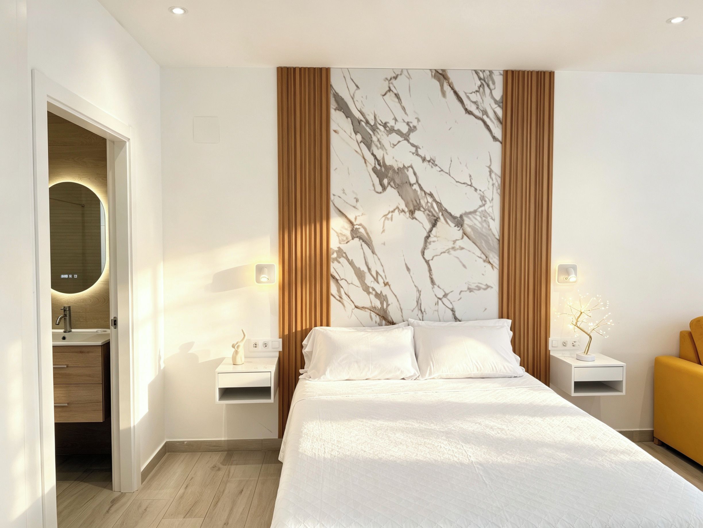 Une chambre d’hôtel moderne avec un lit, des tables de chevet, un miroir et un mur en marbre.
