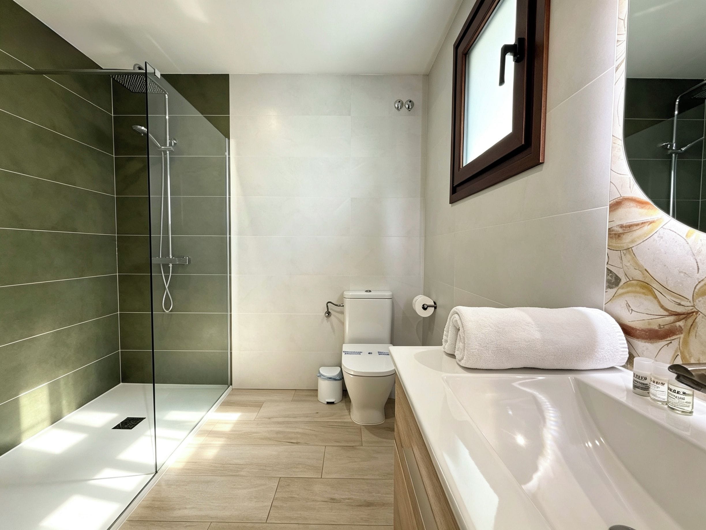 A modern bathroom with a glass shower enclosure, a toilet, and a bathtub with a towel.