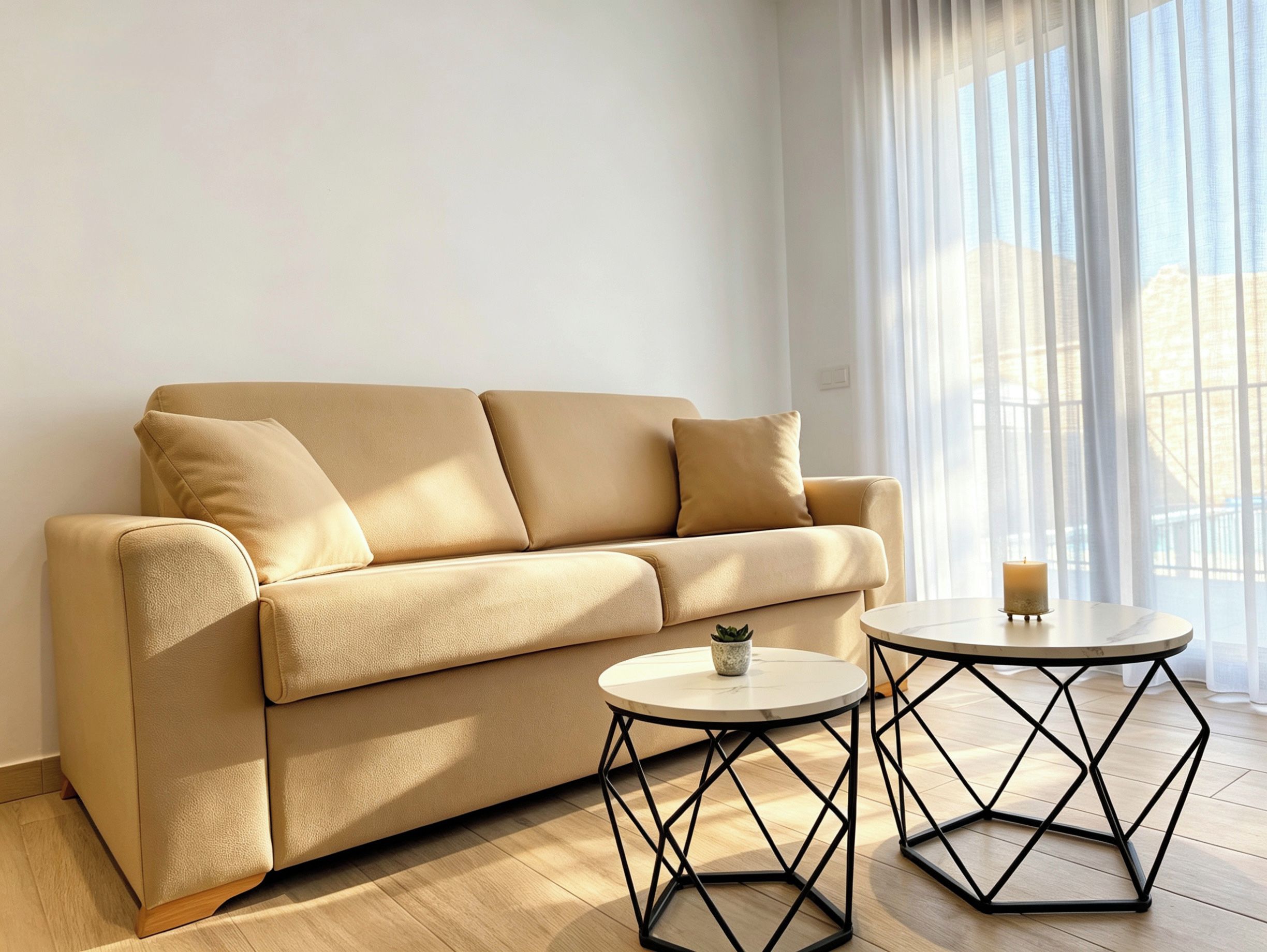 A beige sofa with cushions, two small round tables with black metal frames, and a lit candle on one table.