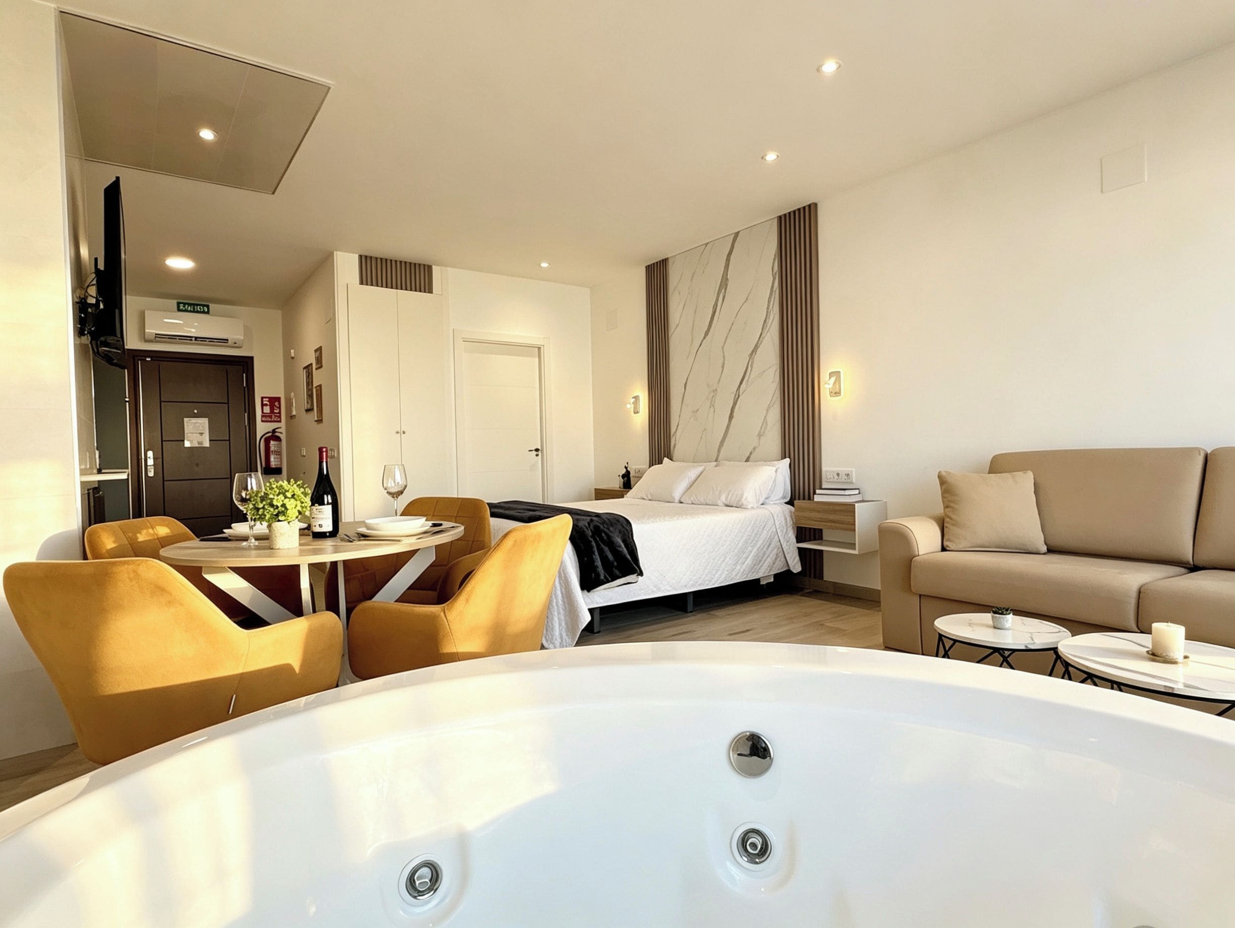 Habitación de hotel con cama, zona de estar con mesa y sillas, bañera y una kitchenette pequeña.