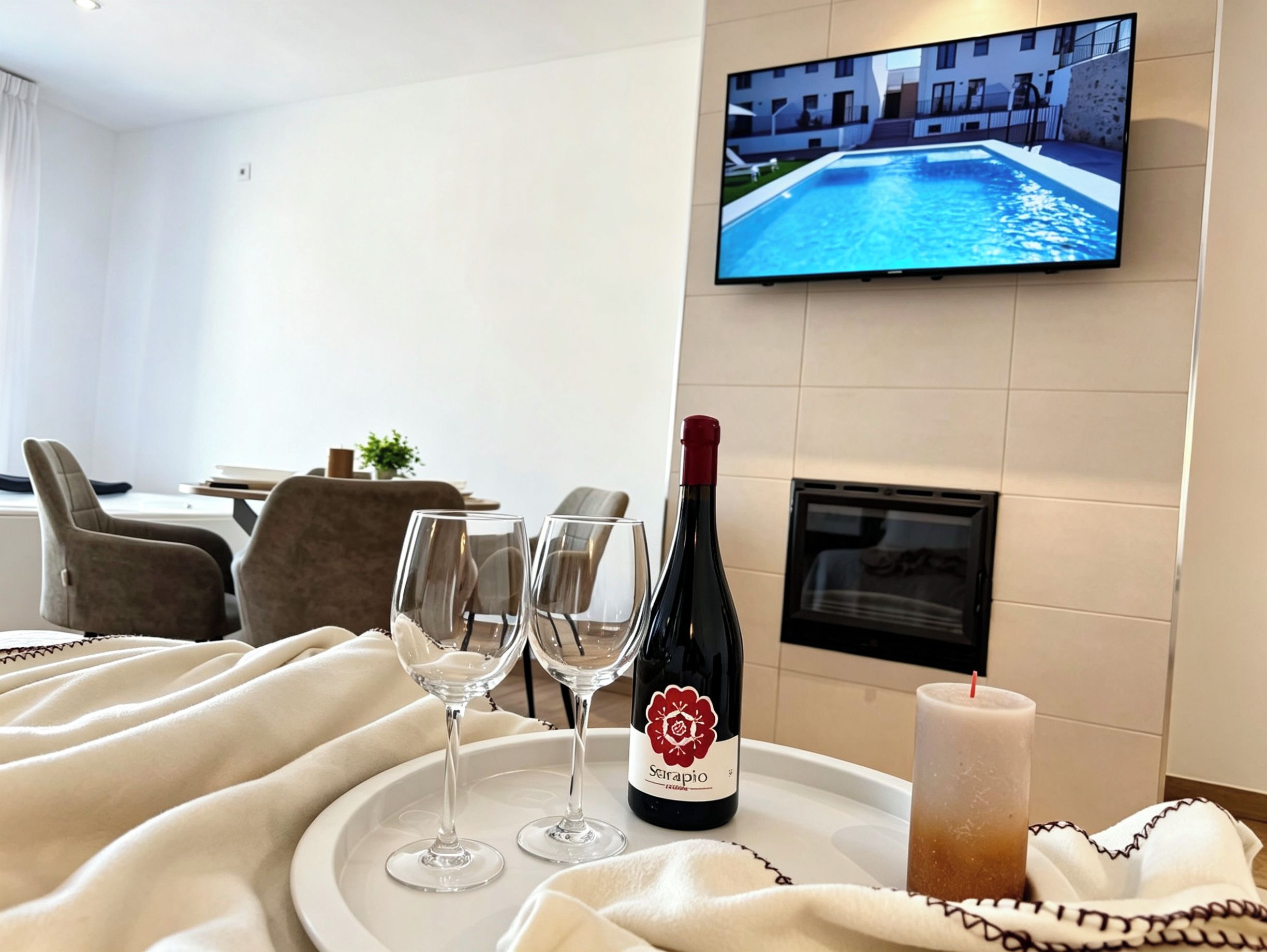 Habitación de hotel con una televisión mostrando una piscina, una botella de vino, dos copas y una vela sobre una bandeja.