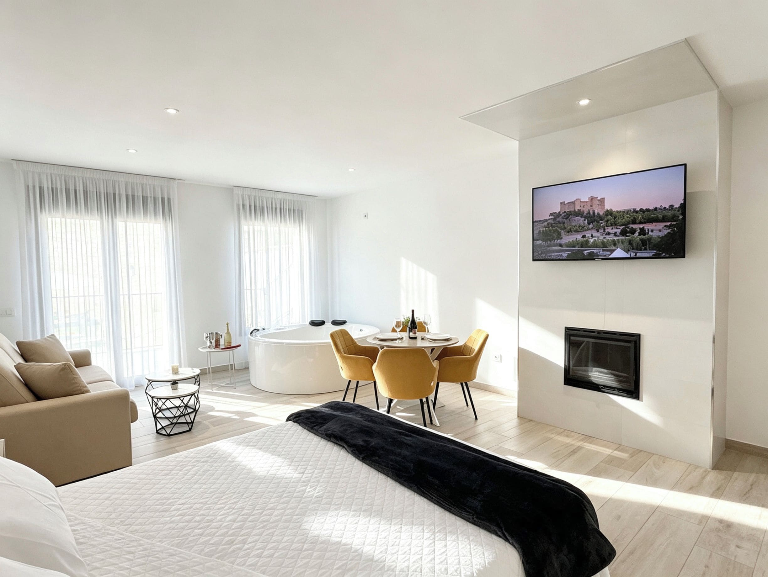 A modern hotel room with a bed, a seating area with a table and chairs, a jacuzzi, and a TV mounted on the wall.