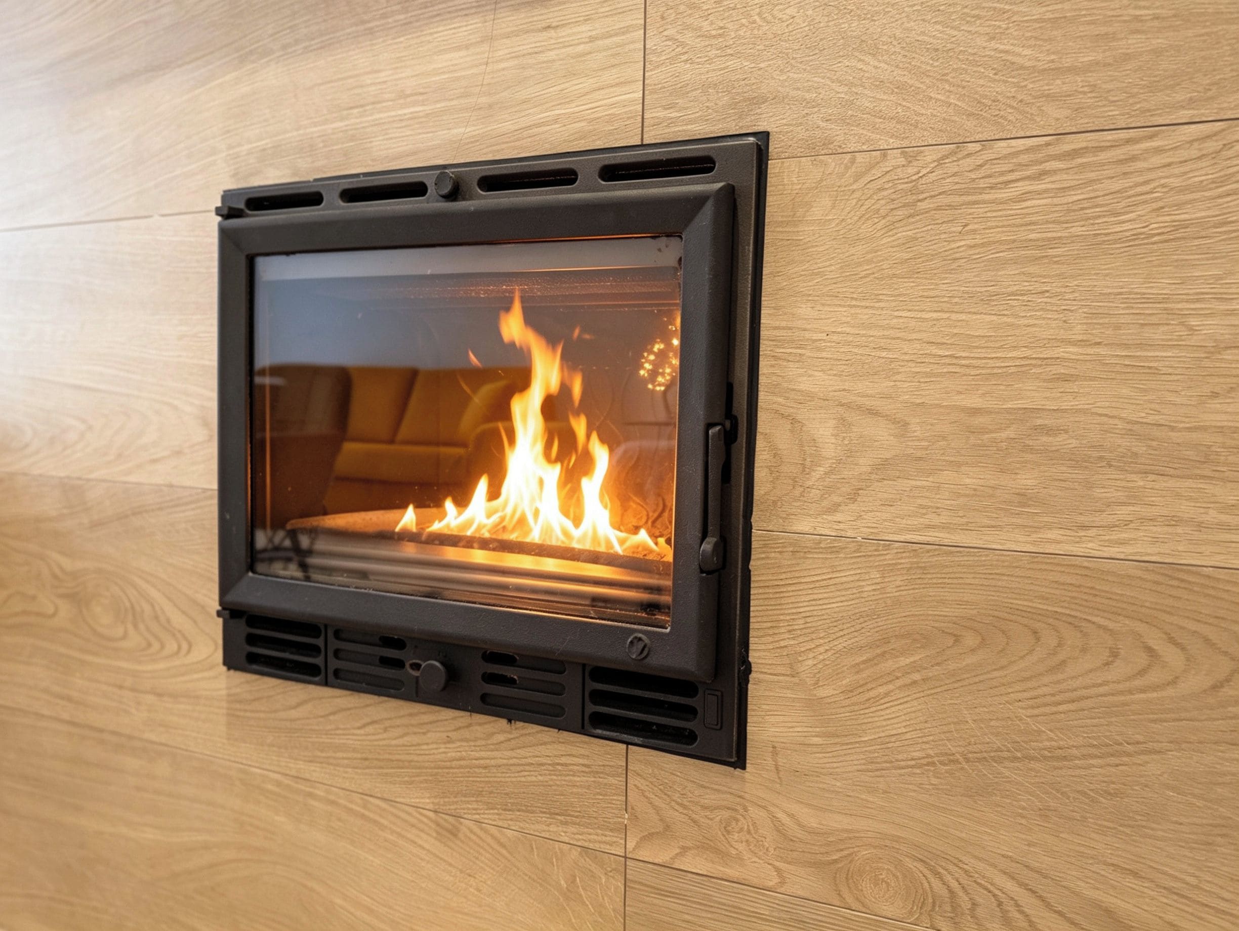Une cheminée avec une façade en verre, intégrée dans un mur en bois.