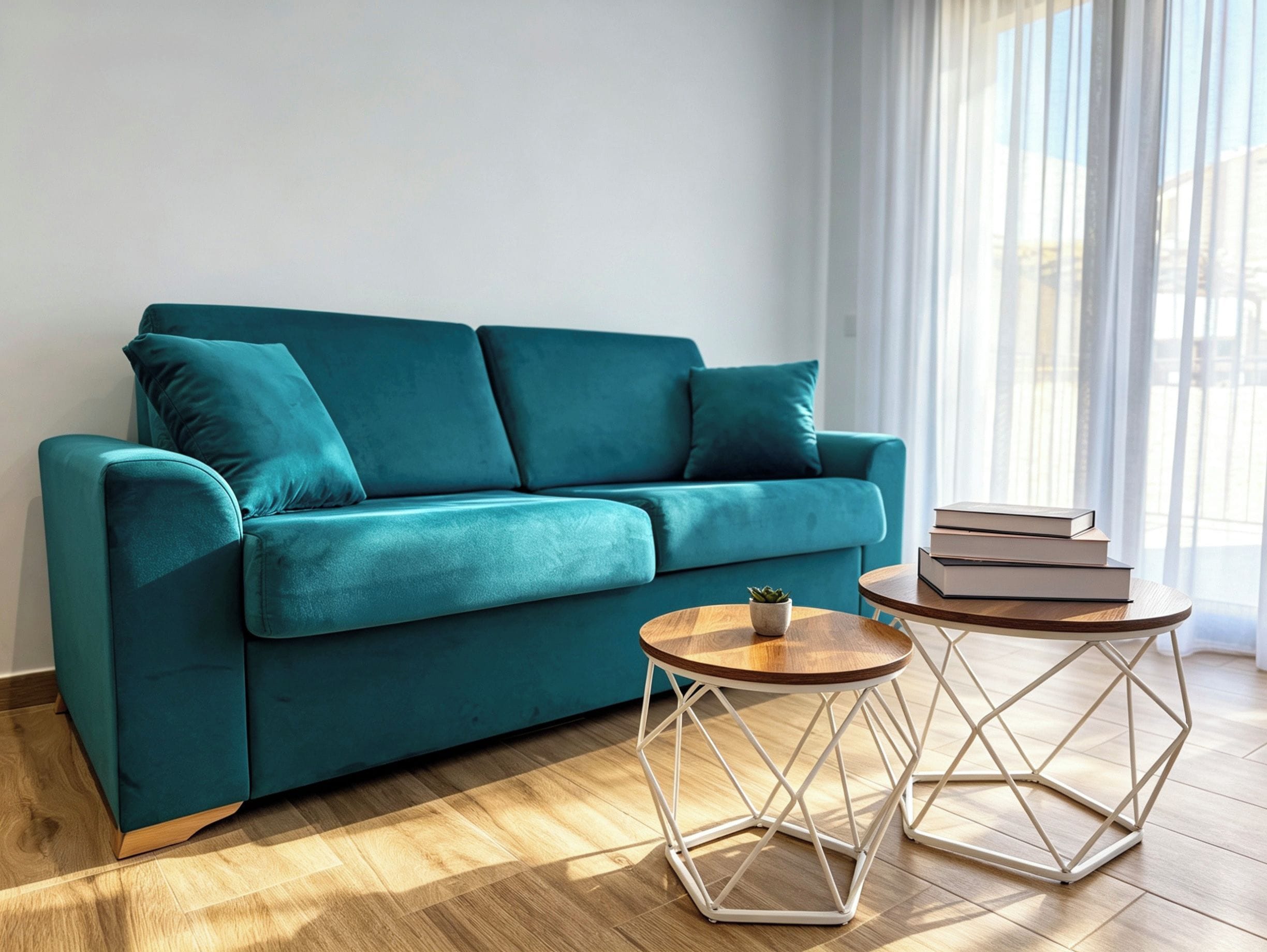 Un sofá color turquesa con cojines, una mesita redonda de madera con una planta, y una mesa hexagonal de metal con libros.
