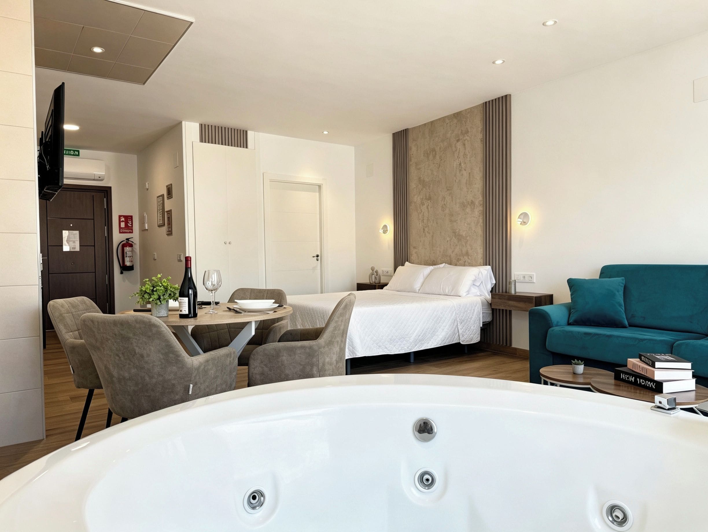 Une chambre d’hôtel moderne avec une grande baignoire blanche, un lit avec du linge de lit blanc, un canapé turquoise et un coin repas avec une table et des chaises.