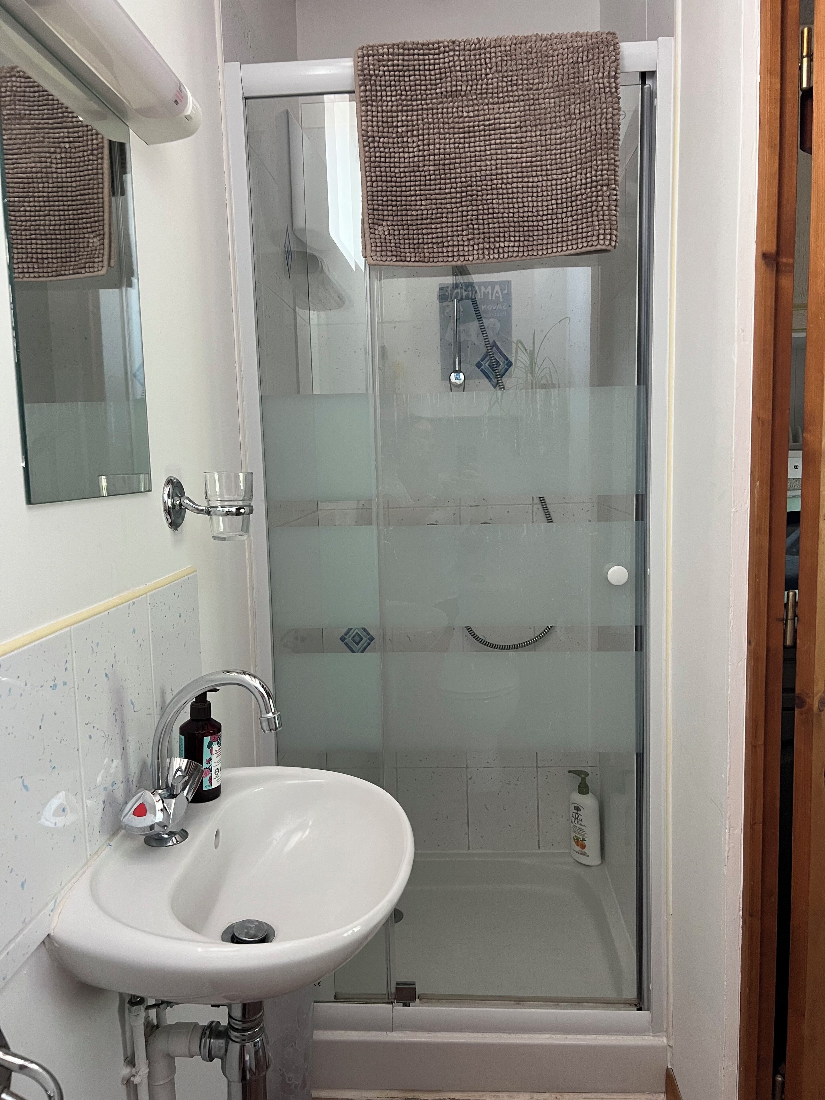 A bathroom with a glass-enclosed shower, a white sink with a soap dispenser, and a mirror above the sink.