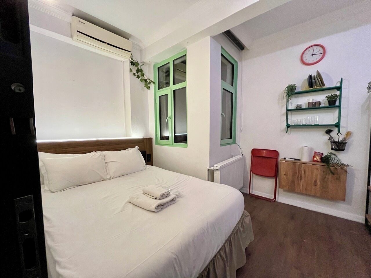 Desk, laptop workspace, blackout drapes, soundproofing