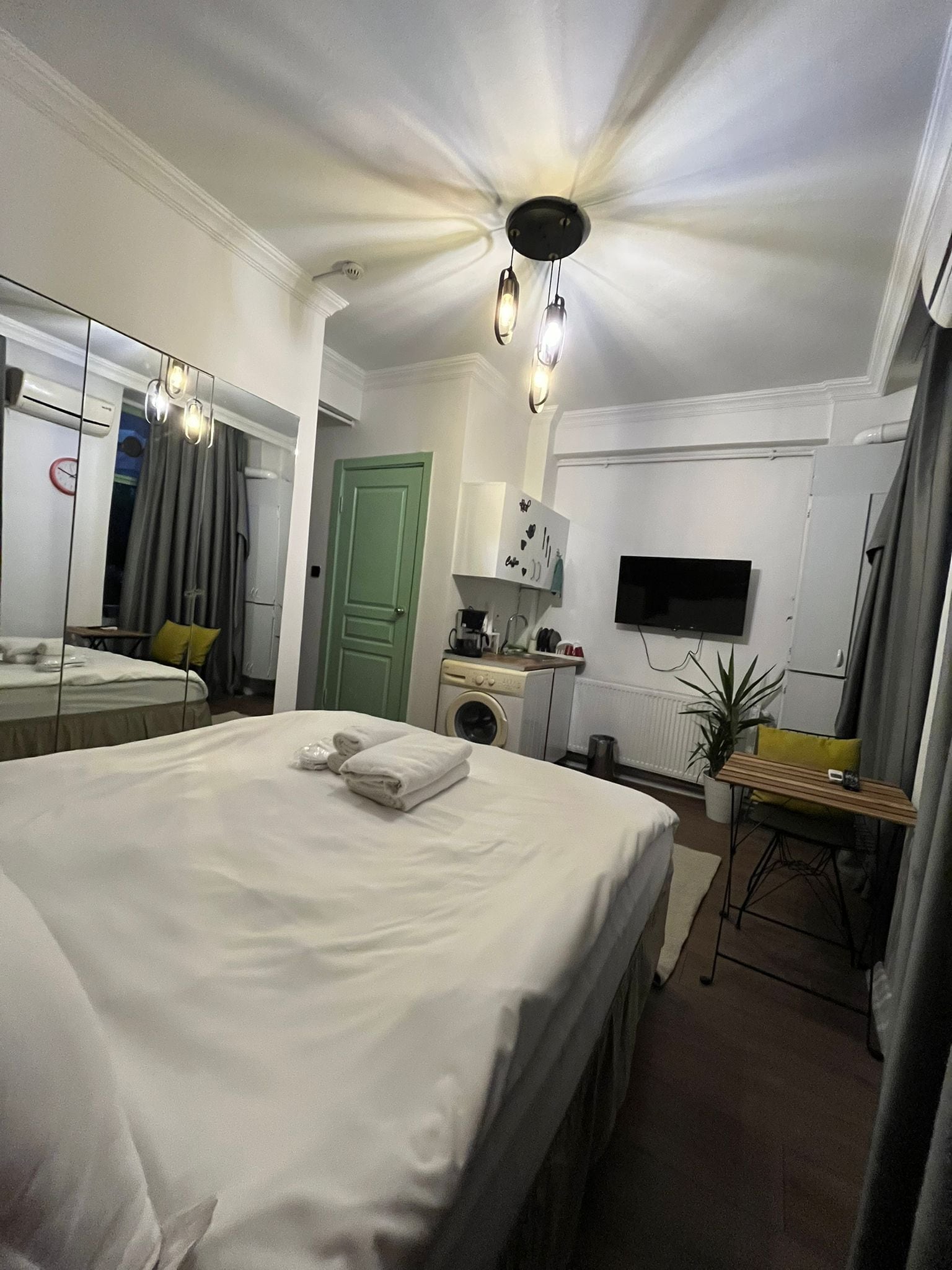 Desk, laptop workspace, blackout drapes, soundproofing