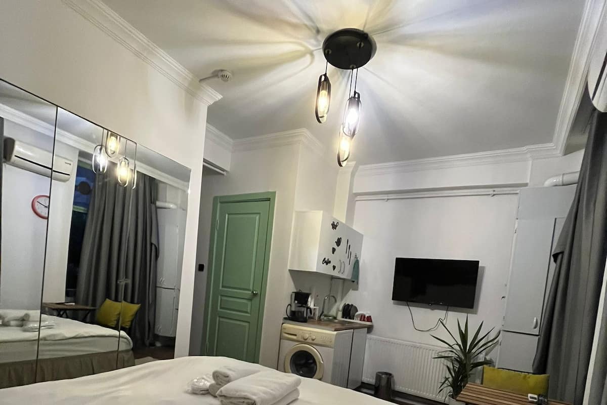 Desk, laptop workspace, blackout curtains, soundproofing