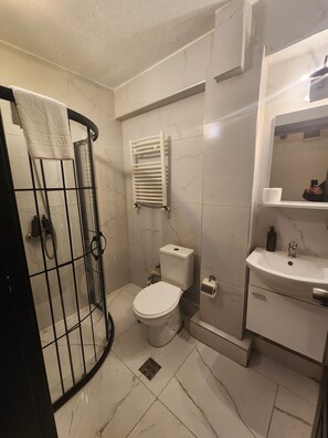 Familie appartement, uitzicht op stad | Badkamer | Een douche, een haardroger, pantoffels, handdoeken