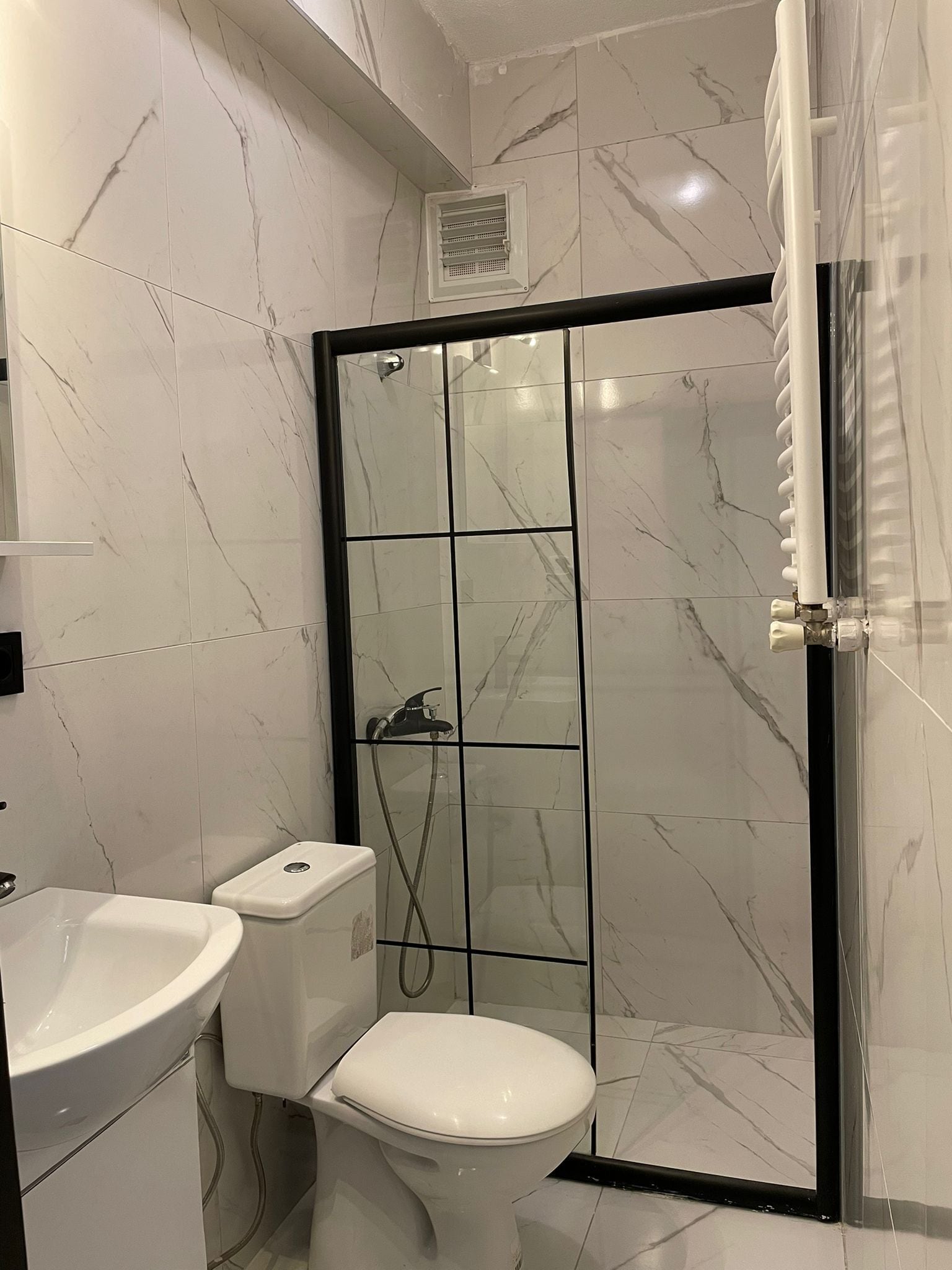 Une salle de bain avec des toilettes blanches, un lavabo et une douche à l’italienne délimitée par une paroi en verre et dotée d’un cadre noir.