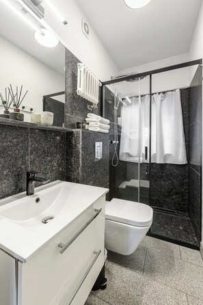 Classic apartman, kilátással a városra | Fürdőszoba | Zuhanyzó, hajszárító, törölközők és szappan