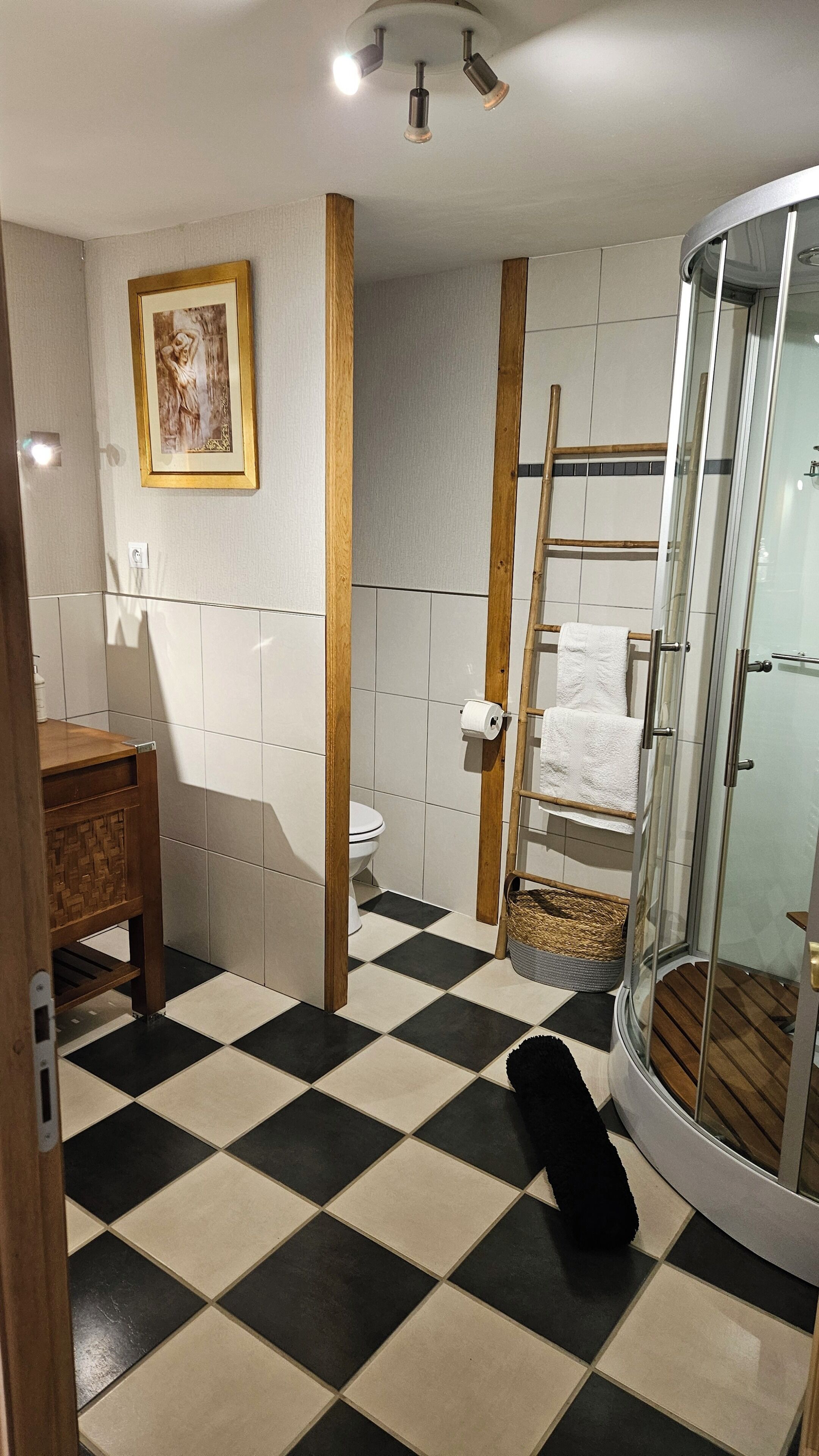 A bathroom with a checkered floor, a toilet, a shower with a glass door, a wooden ladder, and a framed picture on the wall.