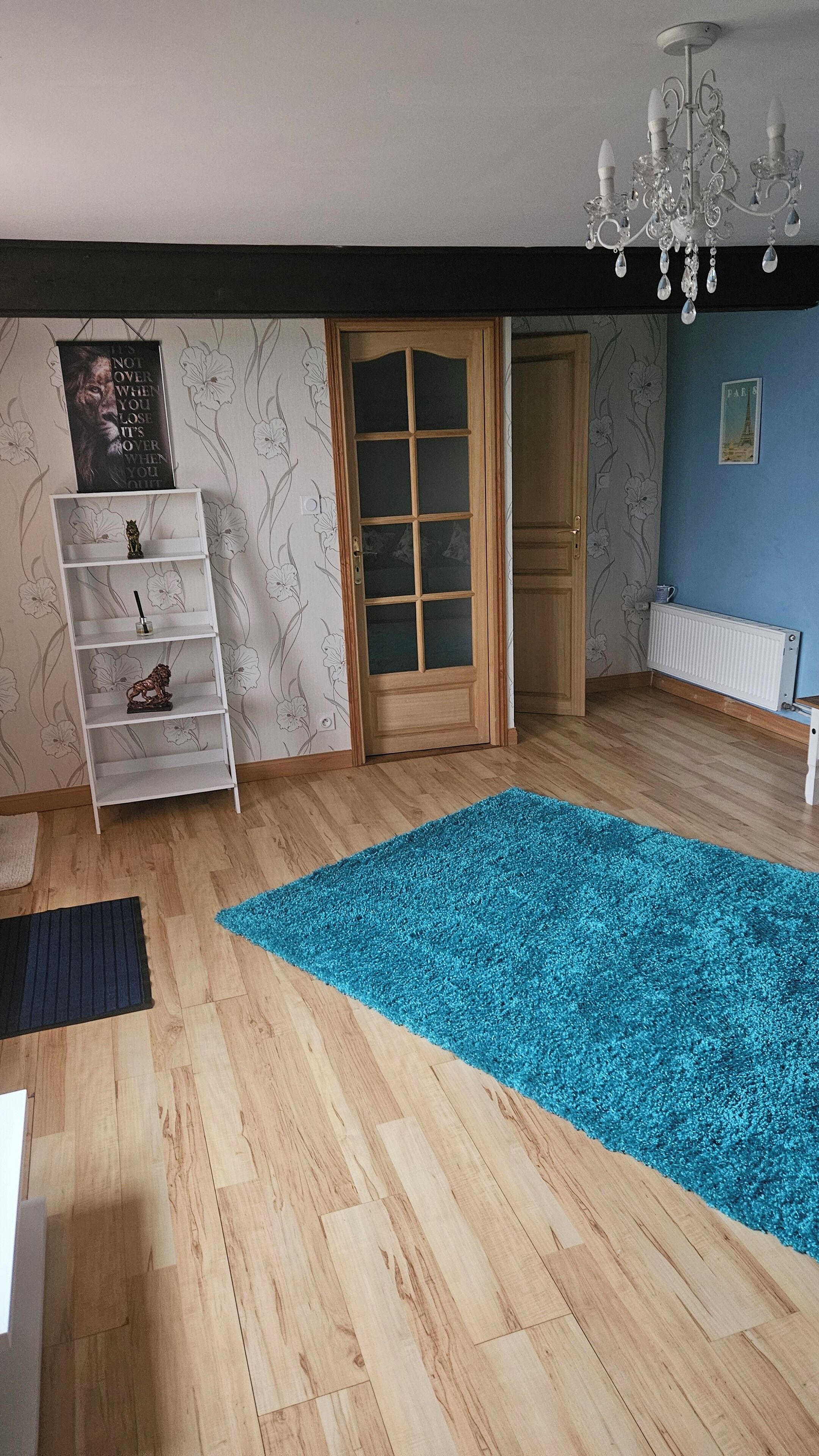 A room with wooden flooring, a blue area rug, a white shelving unit with decorative items, a wooden door, and a chandelier.