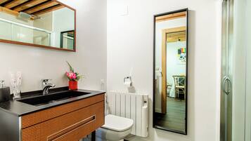 Douche, baignoire à jets, sèche-cheveux, serviettes fournies