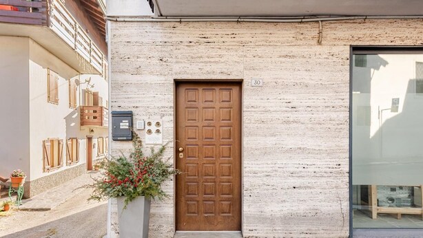 Un bâtiment à la façade en pierre, une porte en bois et un petit jardinier contenant des baies rouges.