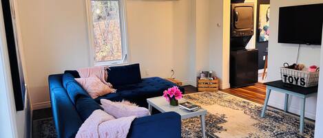 Smart-TV, bøker og stereoanlegg