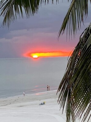 En strandscene med solnedgang, palmer og et par personer.