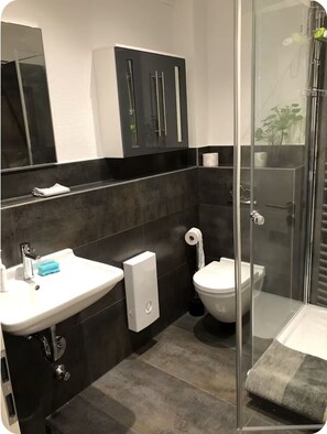 Chuveiro, secador de cabelo, toalhas de banho, sabonete