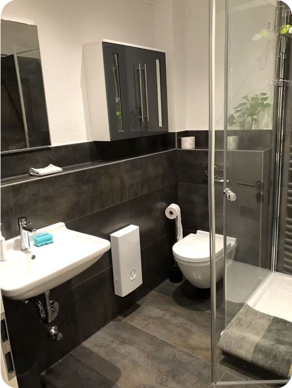 Shower, hair dryer, towels, soap