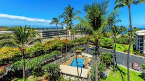 Un hotel con piscina, circondato da palme e vista sull'oceano.