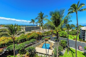Ein Hotel mit Swimmingpool, umgeben von Palmen und Blick auf den Ozean.