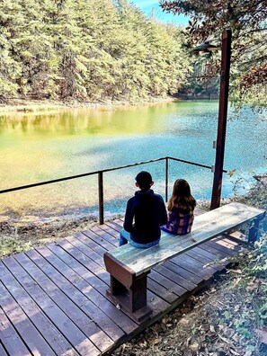 Una terraza de madera con baranda de metal que da a un lago tranquilo rodeado de árboles.