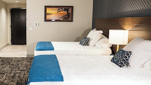 Habitación de hotel con dos camas, un cuadro enmarcado en la pared, una puerta y una alfombra estampada.