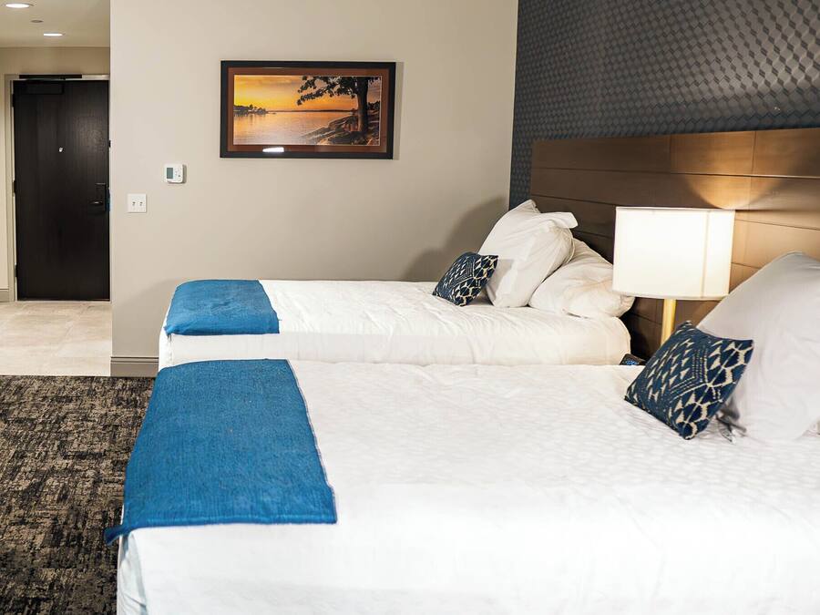 Habitación de hotel con dos camas, un cuadro enmarcado en la pared, una puerta y una alfombra estampada.