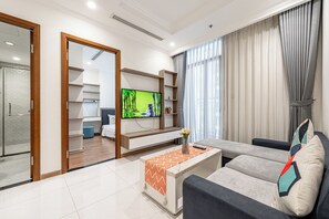 Panoramic-Apartment, 1 Schlafzimmer, Stadtblick | Wohnbereich