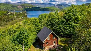 A cabin surrounded by dense forest, a lake, and mountains in the background.