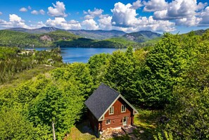 A cabin surrounded by dense forest, with a lake and mountains in the background.