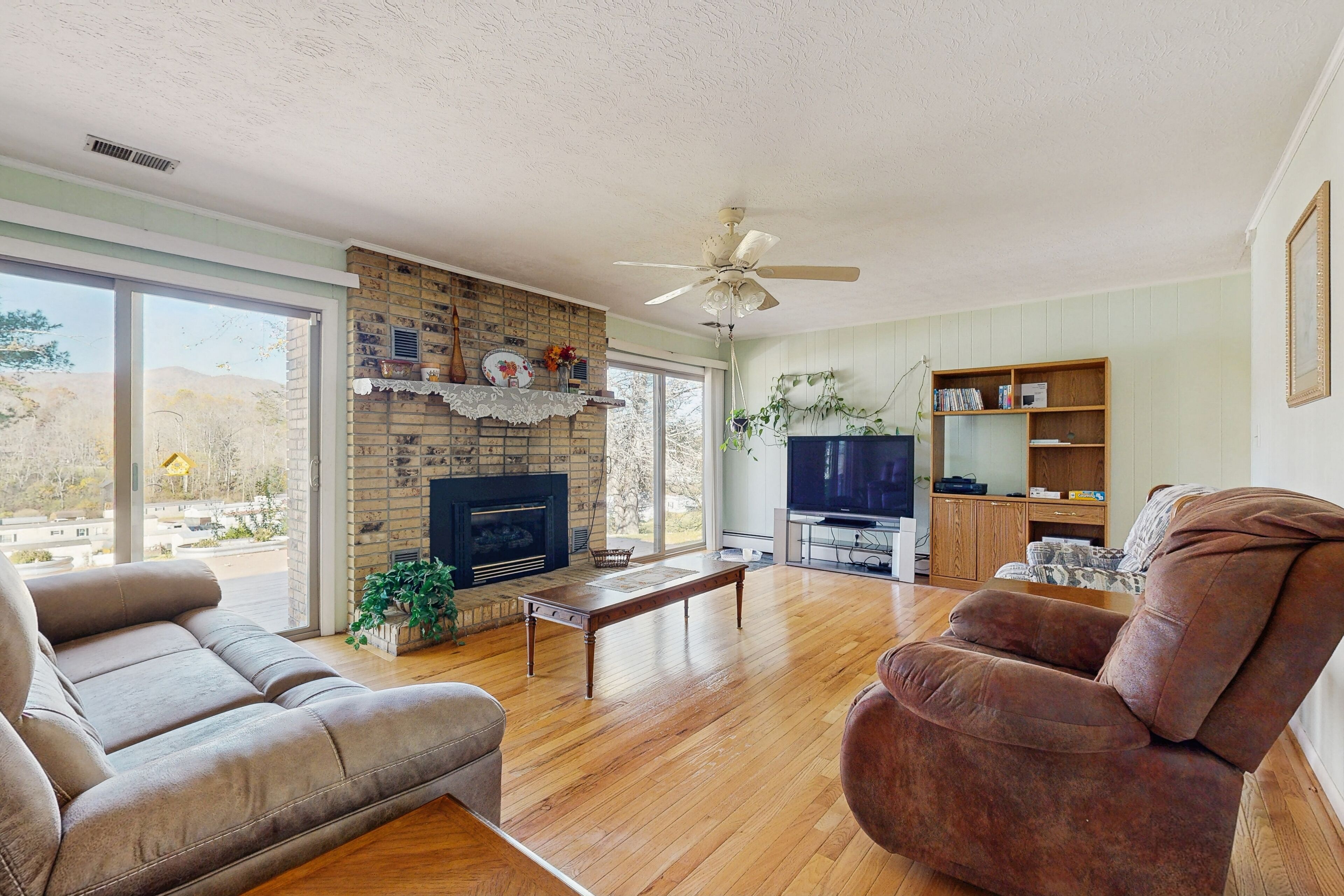 Televisión, chimenea, reproductor de DVD, videoteca