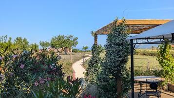 Ein Garten mit einer Pergola, einem Tisch mit Stühlen und einem Kiesweg.