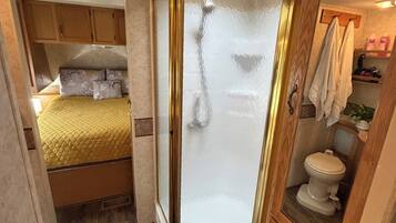 Hair dryer, towels, soap, shampoo