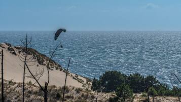 Een kustlandschap met een duin, schaarse begroeiing en een helder uitzicht op de zee.