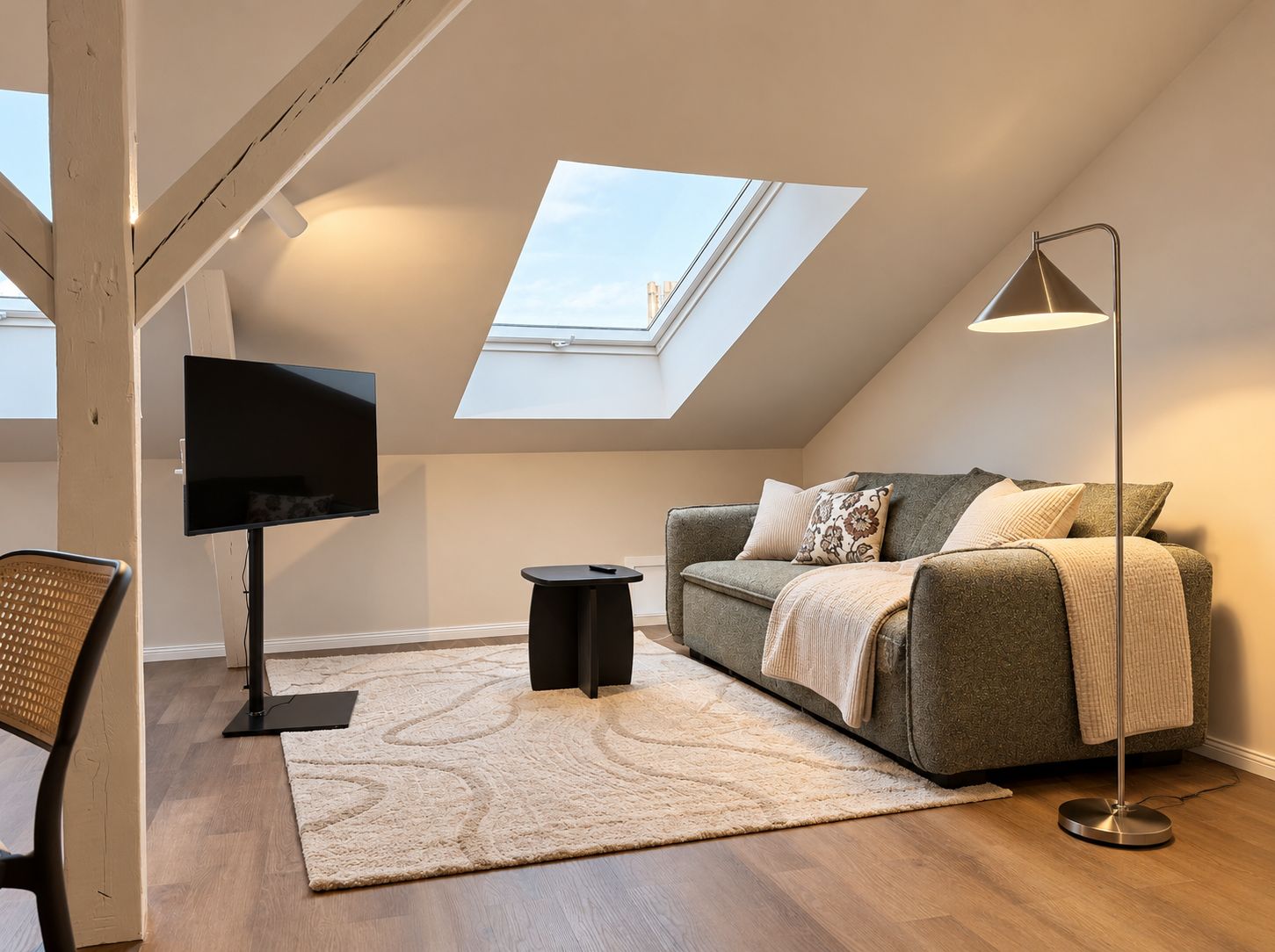 A cozy loft bedroom with a skylight, a flat-screen TV, a sofa, and a floor lamp.