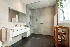 Douche, séchoir à cheveux, serviettes fournies, savon