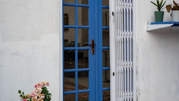 Una puerta azul con una ventana, una planta en maceta y un felpudo verde.