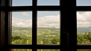 A window with a view of a green landscape, including hills and trees. - Rural House 'Casa Remis' in Piloña – Sleeps 12, Private Bathrooms, Fireplace (Piloña)
