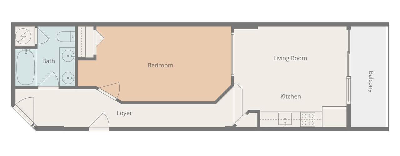 A floor plan of a hotel room with a bedroom, living room, kitchen, bathroom, and foyer.